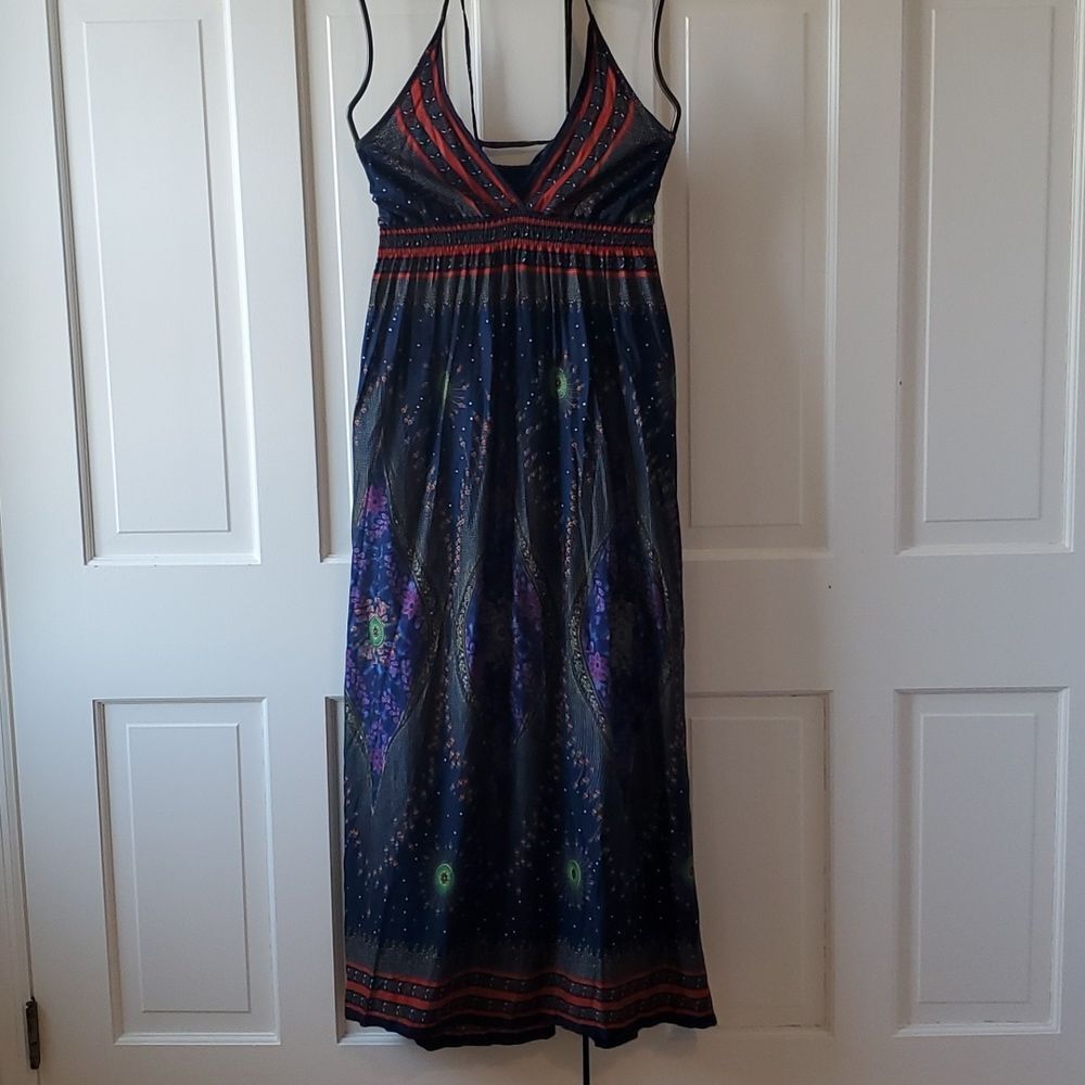 BOHO HALTER STYLE BEACH POOL COVERUP MAXIDRESS BLUE RED
